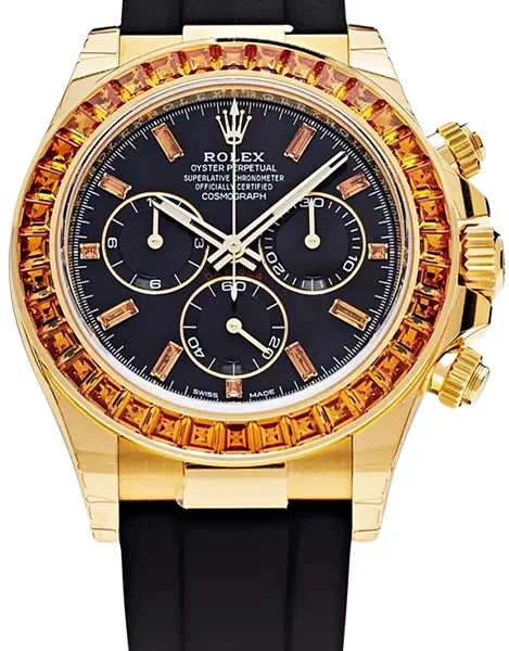 Rolex Daytona Yellow Gold Orange Sapphire Bezel Black Dial 116588SACO